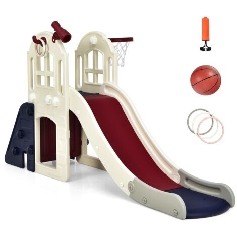 Scivolo grande per bambini 6 in 1 con canestro palla lancio dell'anello e cannocchiale, Set da gioco Blu