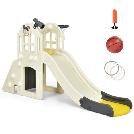 Scivolo grande per bambini 6 in 1 con canestro palla lancio dell'anello e cannocchiale, Set da gioco Giallo