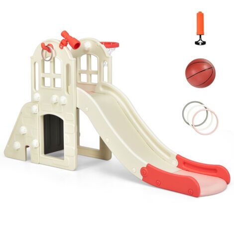 Scivolo grande per bambini 6 in 1 con canestro palla lancio dell'anello e cannocchiale, Set da gioco Rosa