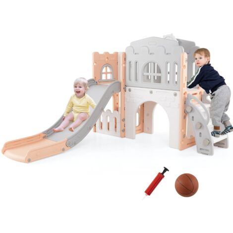 Scivolo per bambini 9 in 1 con canestro da basket e spazio di archiviazione, Scivolo da interno per bambini 1+ anni Grigio e rosa