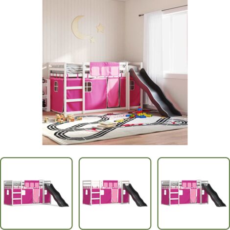 Scivolo per bambini -  Letto a Castello con Scivolo e Tende Rosa 90x190 cm