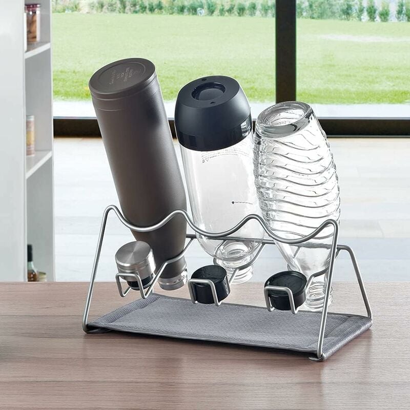 Image of Scolabottiglie asciuga bottiglie con tappetino 3 posti in acciaio grigio per lavello cucina