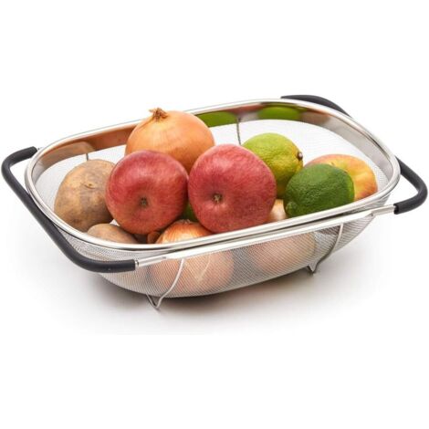 Scolapasta in acciaio inox sopra il lavello, grande cestello da cucina con manici estensibili, ideale per lavare e sciacquare frutta, verdura, riso e scolare la pasta.
