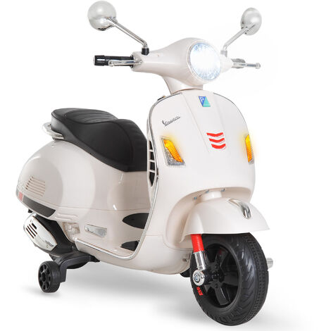 Scooter moto électrique enfants 6 V dim. 102L x 51l x 76H cm musique MP3 port USB klaxon phare feu AR blanc Vespa