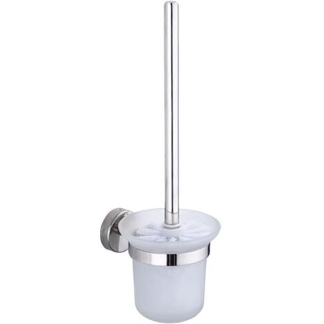 Scopa e supporto per WC, set di scopino per bagno con manico in acciaio inox e ciotola in vetro temperato, montaggio a parete autoadesivo, argento.