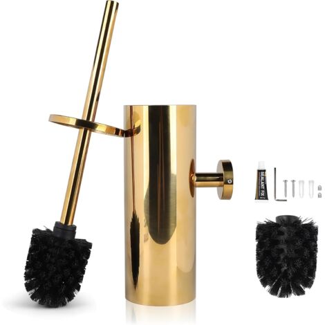 Scopa per WC da parete color oro, Scopa per WC sospesa in acciaio inox, Scopa per WC con 1 testina, Kit e supporto per scopa per WC senza foratura, Portascopa per WC, Accessorio per la pulizia del bag