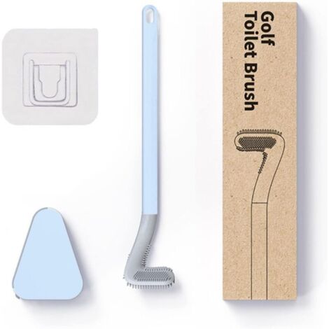 Scopa per WC Golf, Scopa per WC in silicone, Set per WC in silicone con manico lungo, apertura automatica e base a prova di perdite (Blu con base)