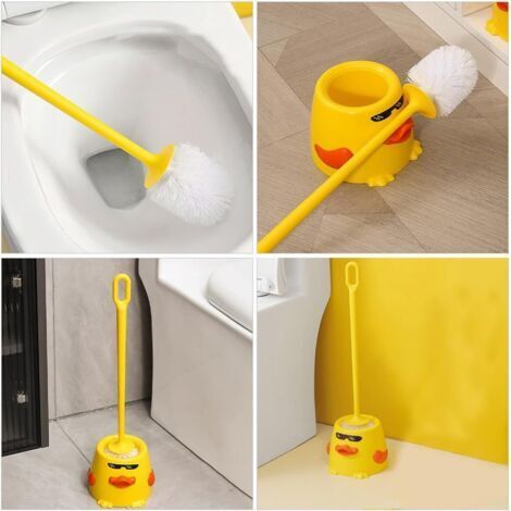 Scopa per WC lunga con manico ergonomico, testina morbida e antigraffio, con design decorativo a forma di anatra gialla, per la pulizia del WC e l'uso quotidiano in bagno.