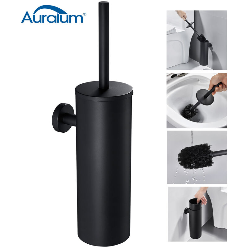 Auralum - Scopino e Portascopino per wc Nero in Acciaio Inox Scopino Bagno a Parete con coperchio, Splashproof,Anti-odore