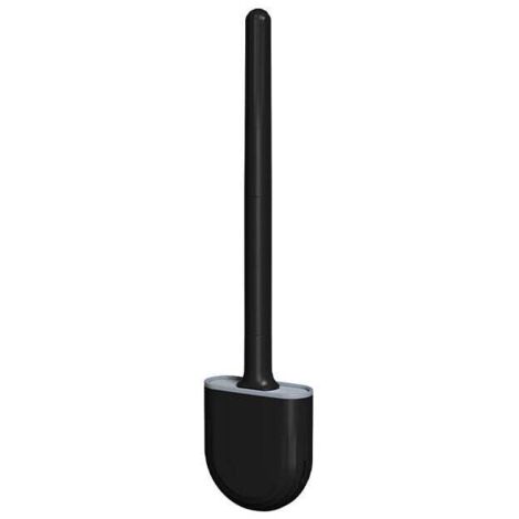 Scopino per WC piatto in silicone, confezione da 1, scopino per WC a parete, scopino per WC da bagno con manico lungo ad asciugatura rapida, scopini e supporti per WC e base antigoccia (nero)