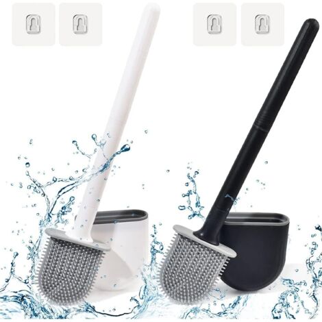 Scopino per WC Piatto in Silicone Confezione da 2, Scopino per WC a Parete, Scopino per WC con Manico Lungo per Bagno ad Asciugatura Rapida, Scopino e Supporti per WC e Base Antigoccia (Nero+Bianco)