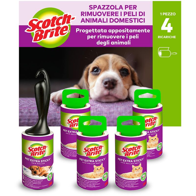 Image of Pet Extra Sticky, Spazzola Extra Adesiva per Rimuovere i Peli Degli Animali Domestici + 4 Ricariche, 240 Fogli Totali - Scotch-brite