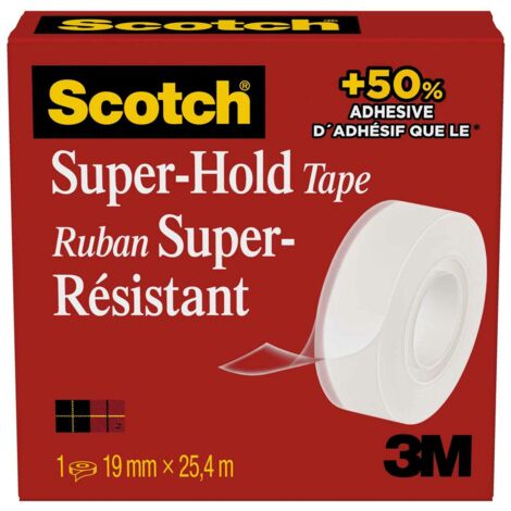 Scotch Nastro adesivo Super-Hold, 1 Rotolo, 19 mm x 25,4 m - 50% di Forza Adesiva in più Rispetto al Nastro Adesivo Crystal, Nastro Adesivo Trasparente, Sigillo Forte e Sicuro