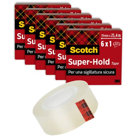 Scotch Nastro adesivo Super-Hold, 6 Rotoli, 19 mm x 25,4 m - 50% di Forza Adesiva in più Rispetto al Nastro Adesivo Crystal, Nastro Adesivo Trasparente, Sigillo Forte e Sicuro