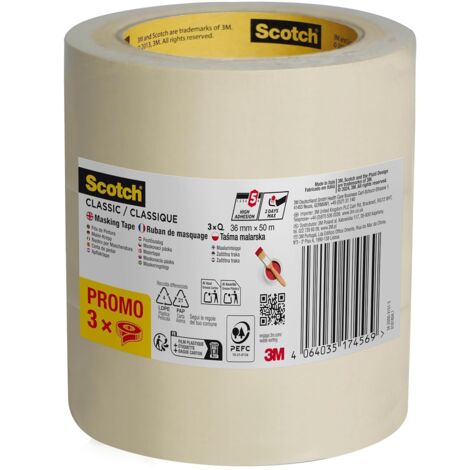 Scotch Nastro Coprente Classico, Promo Pack - 3 Rotoli da 36 mm x 50 m, Per Pittura e Decorazione Interna, 70% PEFC