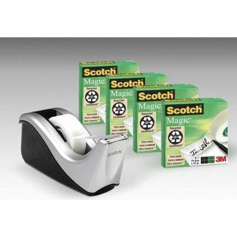 SCOTCH Paq.4 rollos cinta adhesiva Magic 19mmx33m + dispensador C60 negro plata