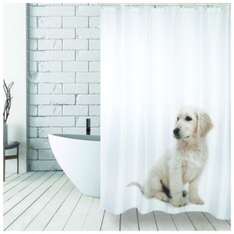 SCOTT Cortina de ducha de poliéster 180x200cm Perro blanco - Anillas incluidas MSV