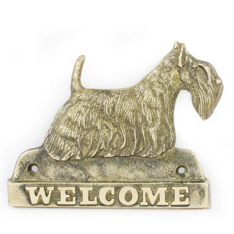 Scottish Terrier, Aberdeen Terrier: placa de bienvenida de latón con un perro, placa de bienvenida única con la inscripción Welcome de Art-Dog