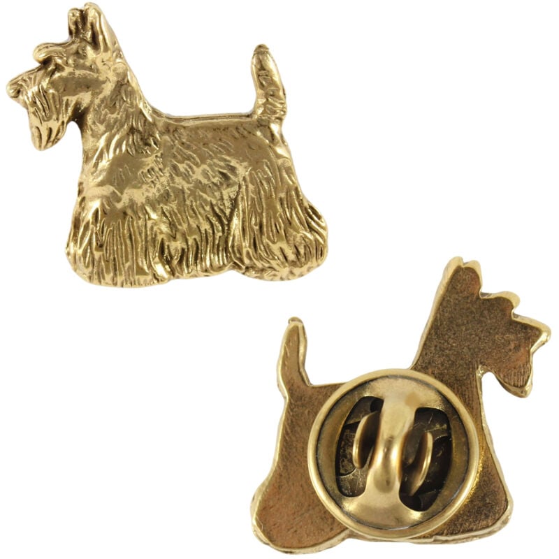 Image of Scottish Terrier, Aberdeen Terrier - una spilla a forma di cane in una scatola decorativa, un'elegante spilla placcata in oro, una spilla da bavero