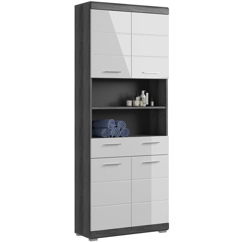 Ebuy24 - Scout armoire haute pour salle de bain 4 portes, 1 tiroir, 2 tablettes brillant blanc,enfumé.