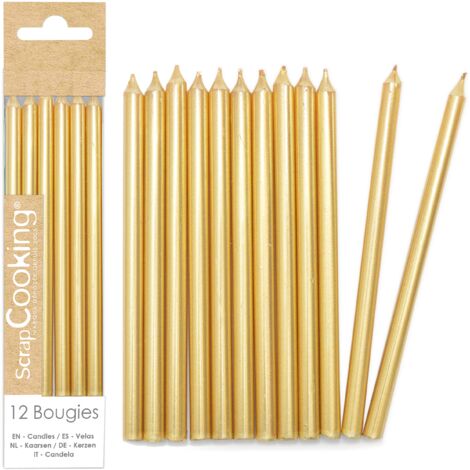 ScrapCooking - 12 Candele lunghe dorate - Candele d'oro per torta di compleanno - Decorazione per bambini adulto, in paraffina con picchi, accessorio per feste e pasticceria - 0348