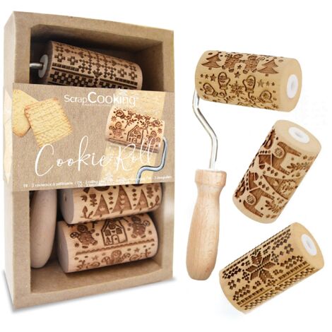 ScrapCooking - Kit 3 Rulli per Biscotti di Natale - 3 mini mattarelli in legno con disegni, stampo decorativo per biscotti e frollini - 3798