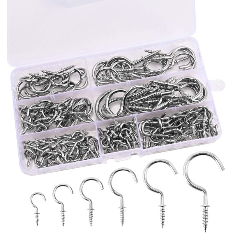 Screw in Hooks, 150 Pieces Screw in Hooks, 7 Sizes of Screw in Hooks with Storage Box, for Tea Cup, Plant, Light, Home Office