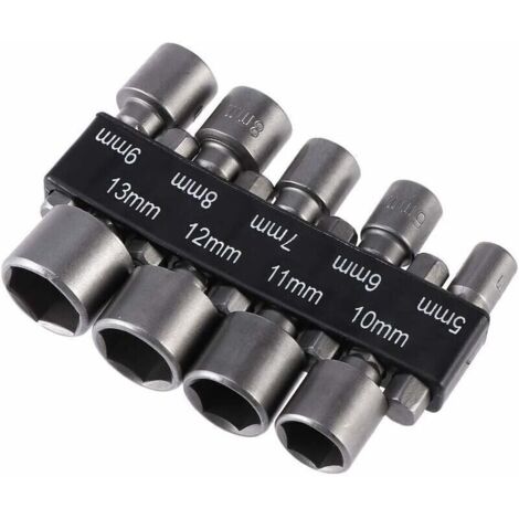 Screwdriver Bit Holder Set of 9 Imperial Socket Drill Bits from 5 to 13 mm with Impact Nut for 1/4" Hex Shank Drill