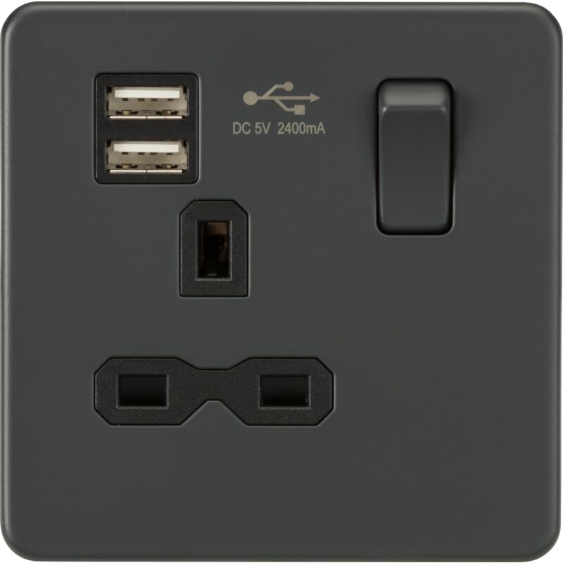 Knightsbridge - Screwless 13A 1G Switched Socket with dual usb charger (2.4A) - Anthracite 230V IP20