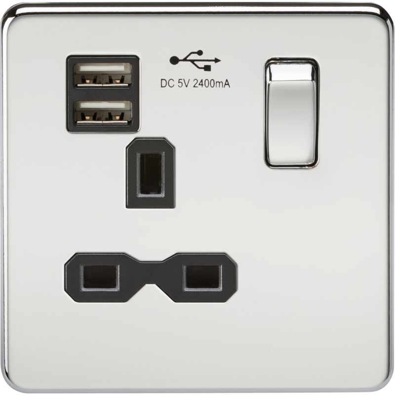 Knightsbridge - Screwless 13A 1G Switched Socket with dual usb charger (2.4A) - Polished Chrome with Black Insert 230V IP20