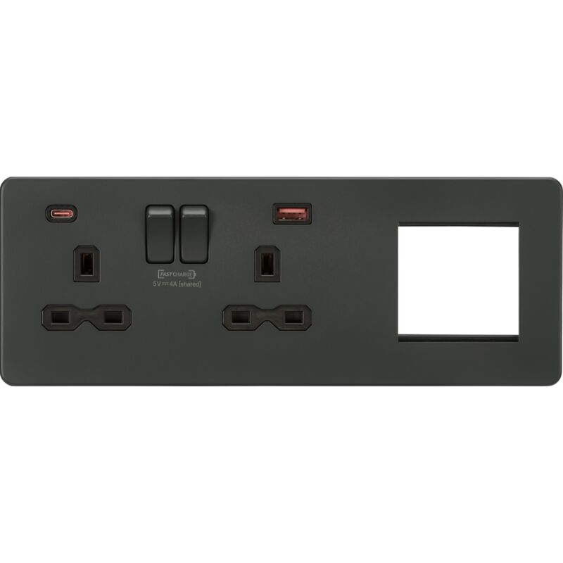 Knightsbridge - Screwless 13A 2G dp Socket with usb Fastcharge + 2G Modular Combination Plate - Anthracite 230V IP20