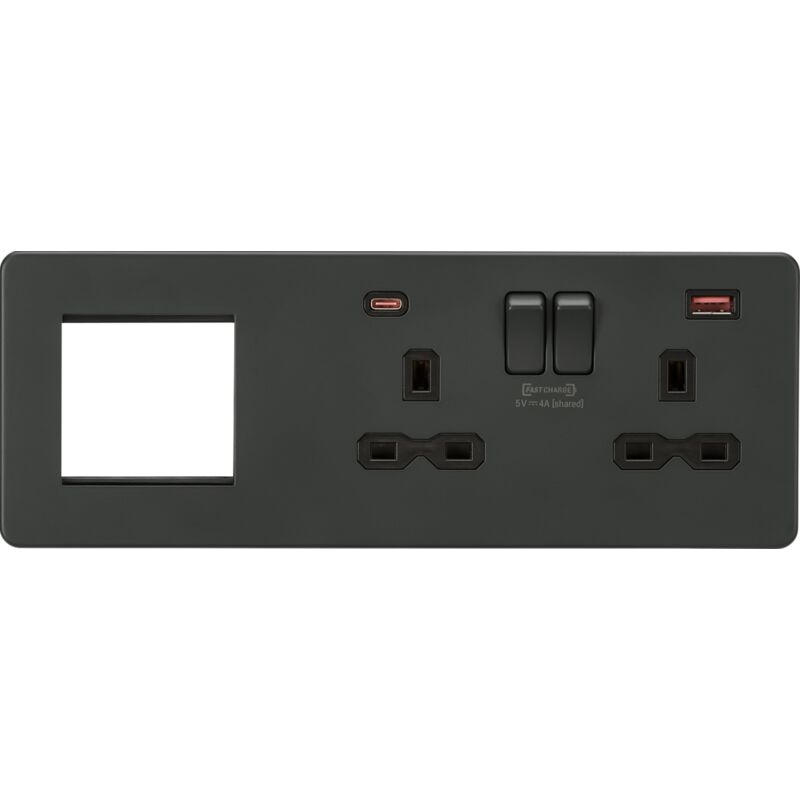 Screwless 13A 2G DP Socket with USB Fastcharge + 2G Modular Combination Plate - Anthracite 230V IP20