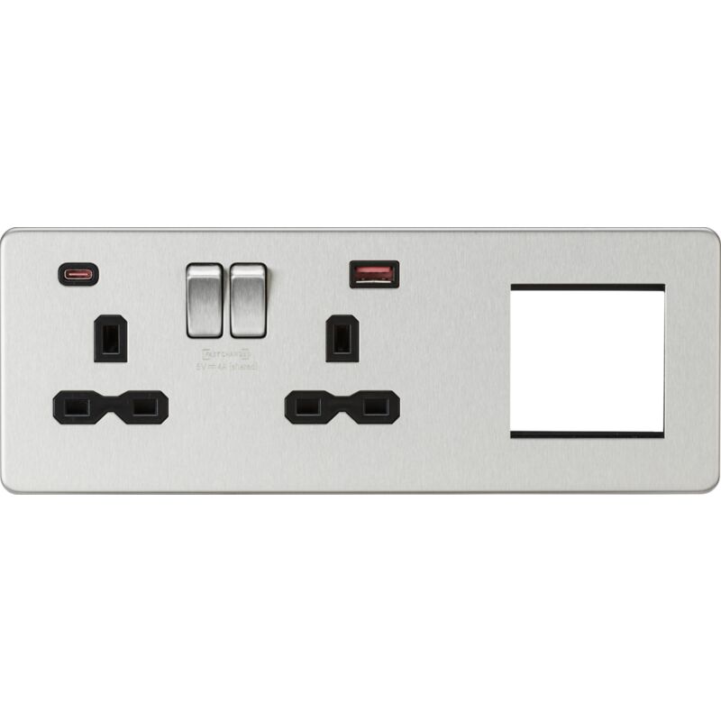 Knightsbridge - Screwless 13A 2G dp Socket with usb Fastcharge + 2G Modular Combination Plate - Brushed Chrome 230V IP20
