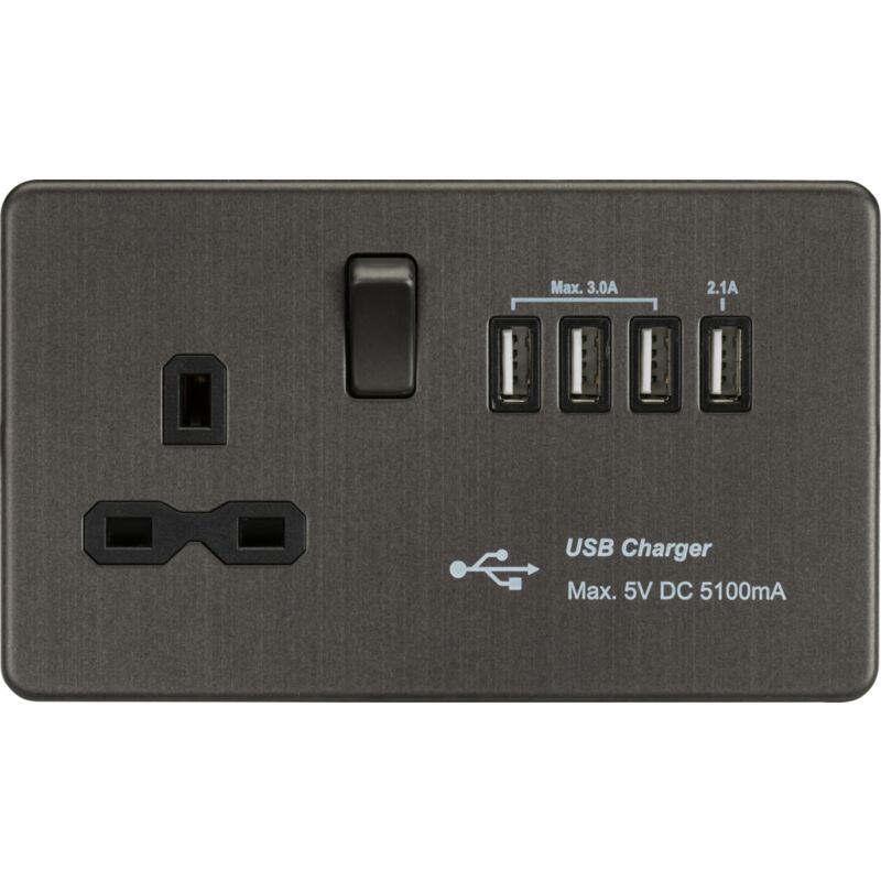 Knightsbridge - Screwless 13A Switched Socket with Quad usb charger (5.1A) - Smoked Bronze 230V IP20
