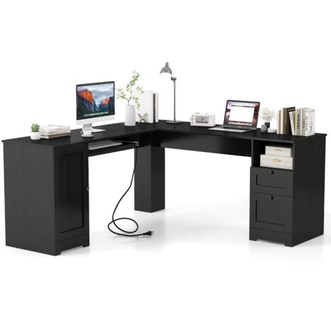 Scrivania a L per gaming lavoro e scrittura 168 x 168 x 76 cm, Scrivania angolare moderna con 2 prese Nero