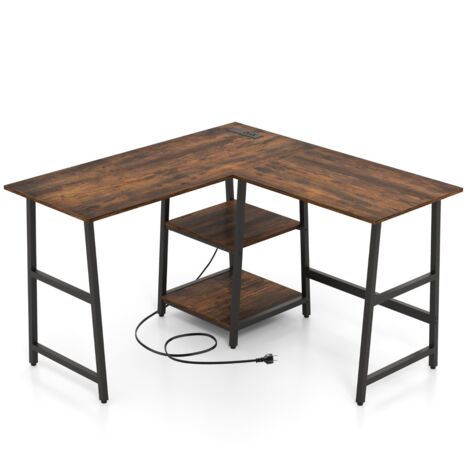 Scrivania angolare 120cm prese corrente porte USB ripiani lavoro L Marrone Rustico