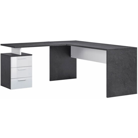 Scrivania Angolare 180/160x60x75cm cm New Selina Bianco Lucido e Ardesia