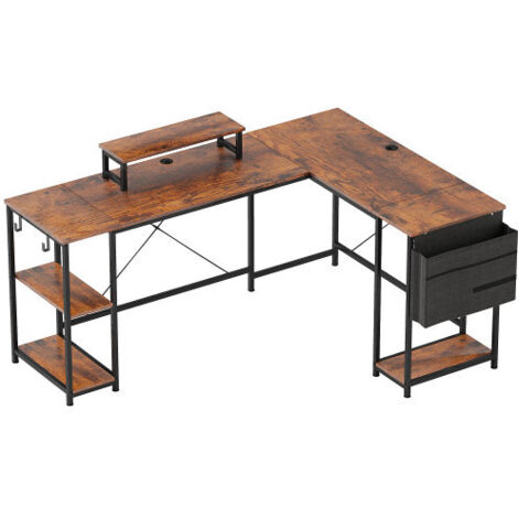Scrivania angolare a L 168x120x90 cm con vani portaoggetti, borsa portaoggetti, ganci, porta-CPU, piedini regolabili, marrone