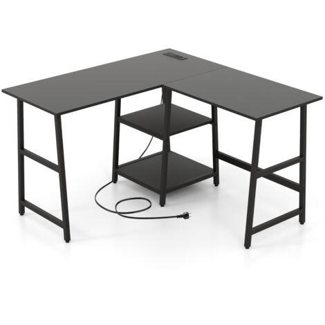 Scrivania angolare da 120cm con prese di corrente e porte USB ripiani per lavoro, Scrivania a L per ufficio Nero