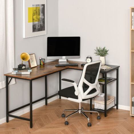 Scrivania Angolare in Stile Industriale con Ripiano Laterale, in Legno e Metallo Nero, 150x120x75cm