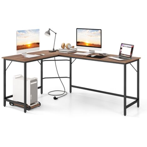 Scrivania angolare L con presa corrente supporto CPU telaio metallo 168cm Naturale