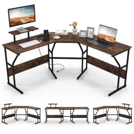 Scrivania angolare L con presa elettrica supporto monitor 225cm Marrone Rustico