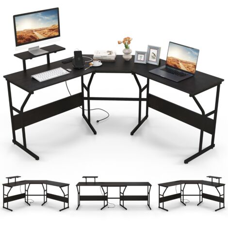 Scrivania angolare L con presa elettrica supporto monitor 225cm Nero