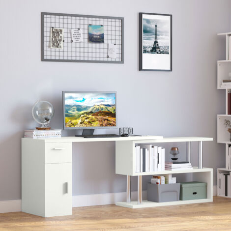 Scrivania Angolare Moderna in Legno con Cassetto, Armadietto e Mensole, Arredamento per Ufficio e Casa, Bianco