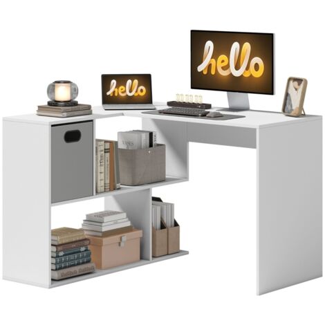 Scrivania angolare per computer con cassetto e ripiani aperti, 110 x 100 x 75 cm, bianca
