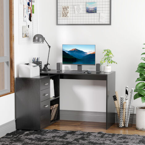 Scrivania Angolare per PC con 2 Cassetti e Ripiani Aperti, Scrivania ad Angolo Forma a L in Legno e Metallo, 117x83.5x76 cm, Nero