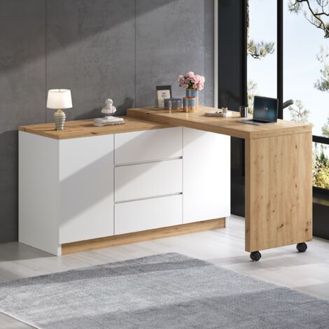 Scrivania angolare pieghevole con ruote bloccabili, mobile contenitore/credenza integrata, design multifunzionale, bianco+naturale