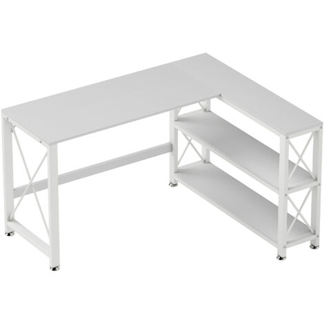 Scrivania angolare reversibile con ripiani, struttura in metallo, 135x110x75 cm, bianco