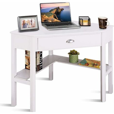 Scrivania Angolare, Scrivania in Legno per Computer, Tavolo Angolare con Ripiano e Cassetto, Ideale per Camera da Letto Studio Ufficio (Bianco)