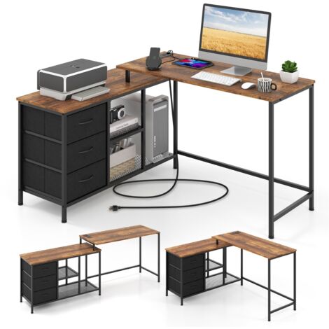 Scrivania computer L con prese 3 cassetti tessuto ripiani metallo Marrone